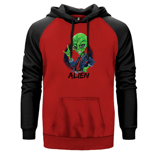 Rock Star Alien çift renk reglan kol kapşonlu sweatshirt - kırmızı