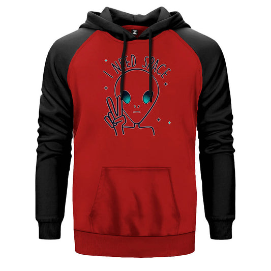 Alien I Need Space çift renk reglan kol kapşonlu sweatshirt - kırmızı