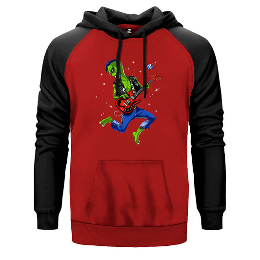Alien Guitar çift renk reglan kol kapşonlu sweatshirt - kırmızı
