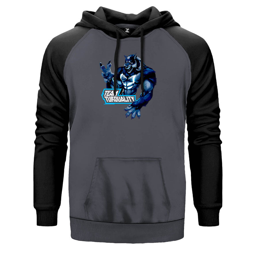 Turquality Wolf çift renk reglan kol kapşonlu sweatshirt - gri