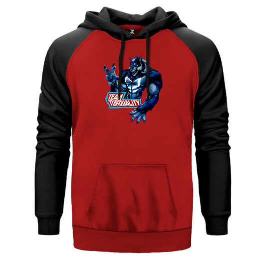 Turquality Wolf çift renk reglan kol kapşonlu sweatshirt - kırmızı