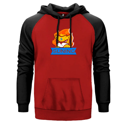 Suning çift renk reglan kol kapşonlu sweatshirt - kırmızı