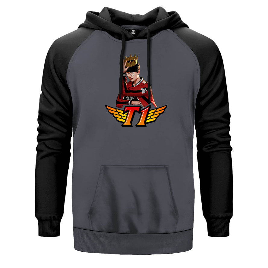 SKT T1 Faker çift renk reglan kol kapşonlu sweatshirt - gri