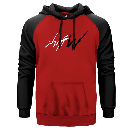 Shift W çift renk reglan kol kapşonlu sweatshirt - kırmızı