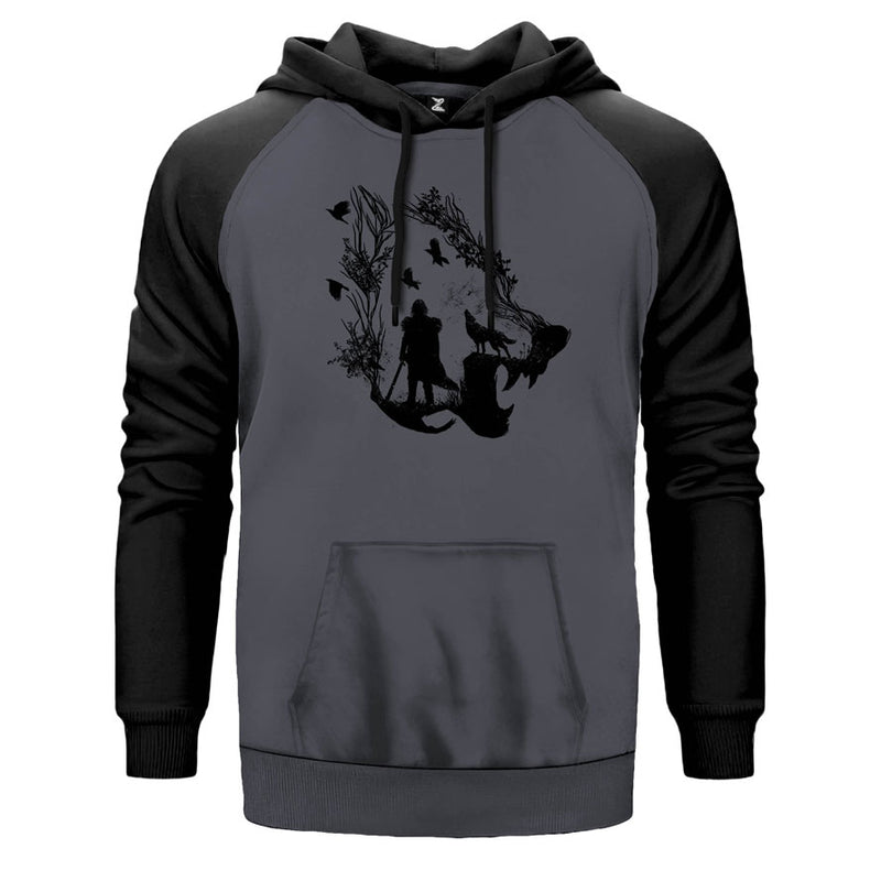 Game of Thrones Lone Wolf çift renk reglan kol kapşonlu sweatshirt - gri