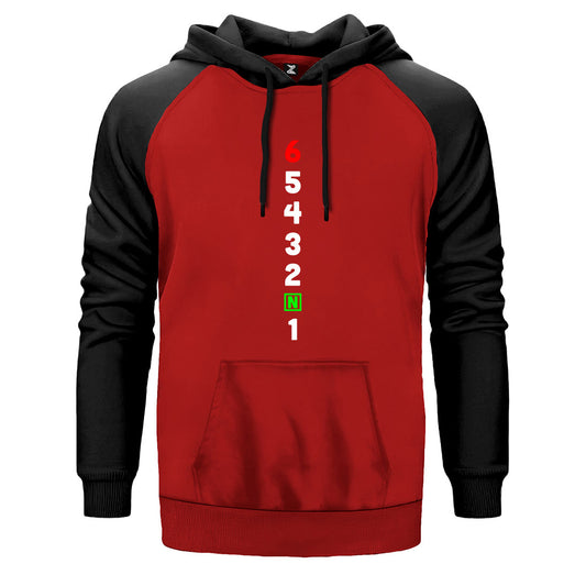 Motocycle Gears 1N23456 çift renk reglan kol kapşonlu sweatshirt - kırmızı