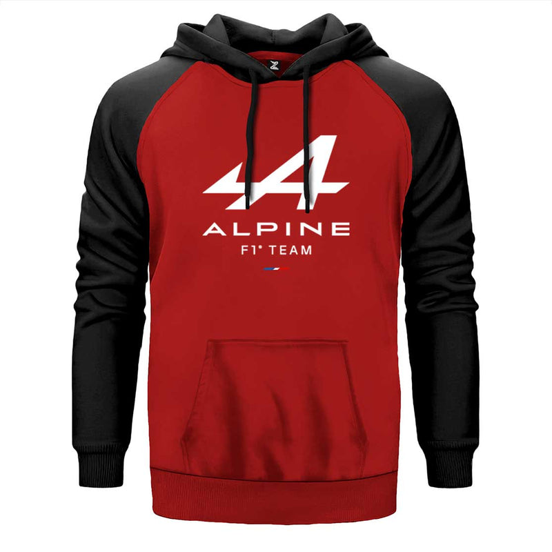 Alpine F1 çift renk reglan kol kapşonlu sweatshirt - kırmızı