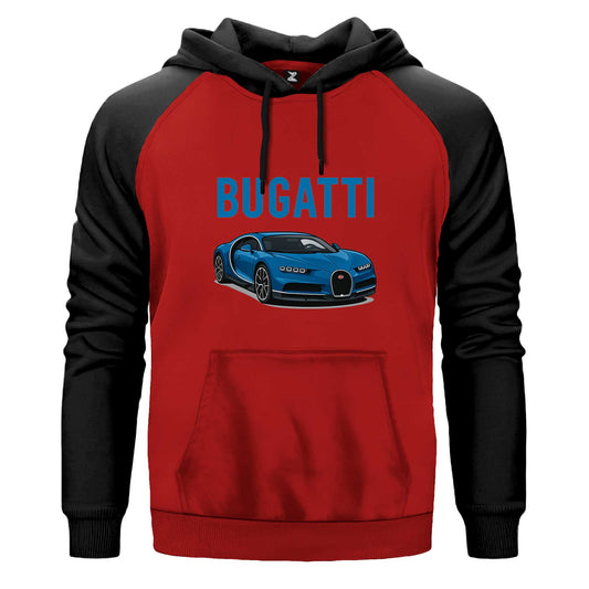 Bugatti Blue Sport Car Çift Renk Reglan Kol Sweatshirt Kapşonlu