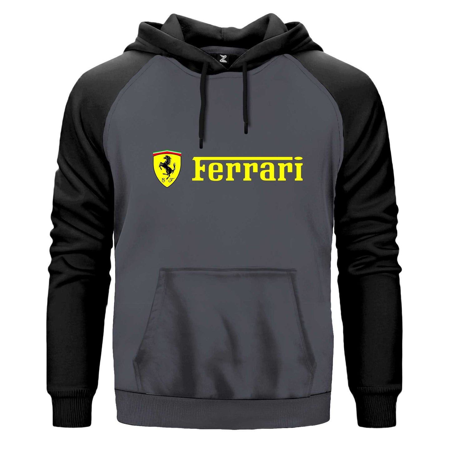 Ferrari Logo Gold Text Çift Renk Reglan Kol Sweatshirt Kapşonlu