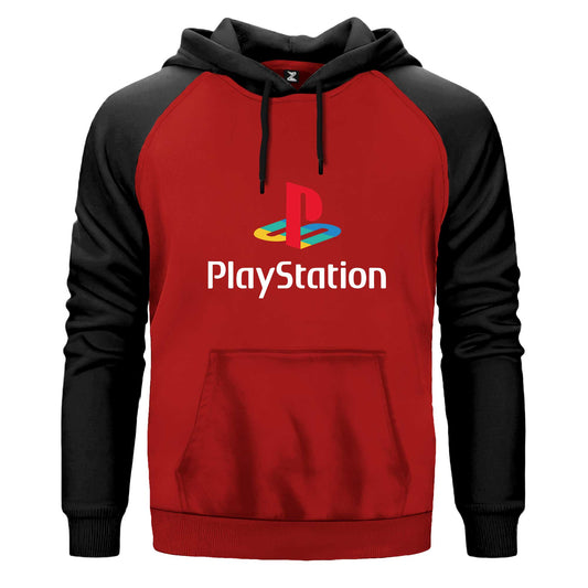 İndirimli Playstation Logo White Çift Renk Reglan Kol Sweatshirt Kapşonlu