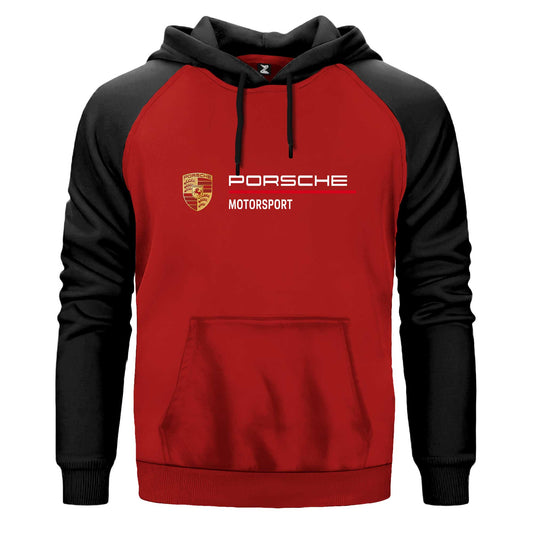Porsche Logo Motorsport Çift Renk Reglan Kol Sweatshirt Kapşonlu