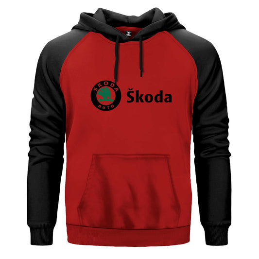 Skoda Text Logo Çift Renk Reglan Kol Sweatshirt Kapşonlu