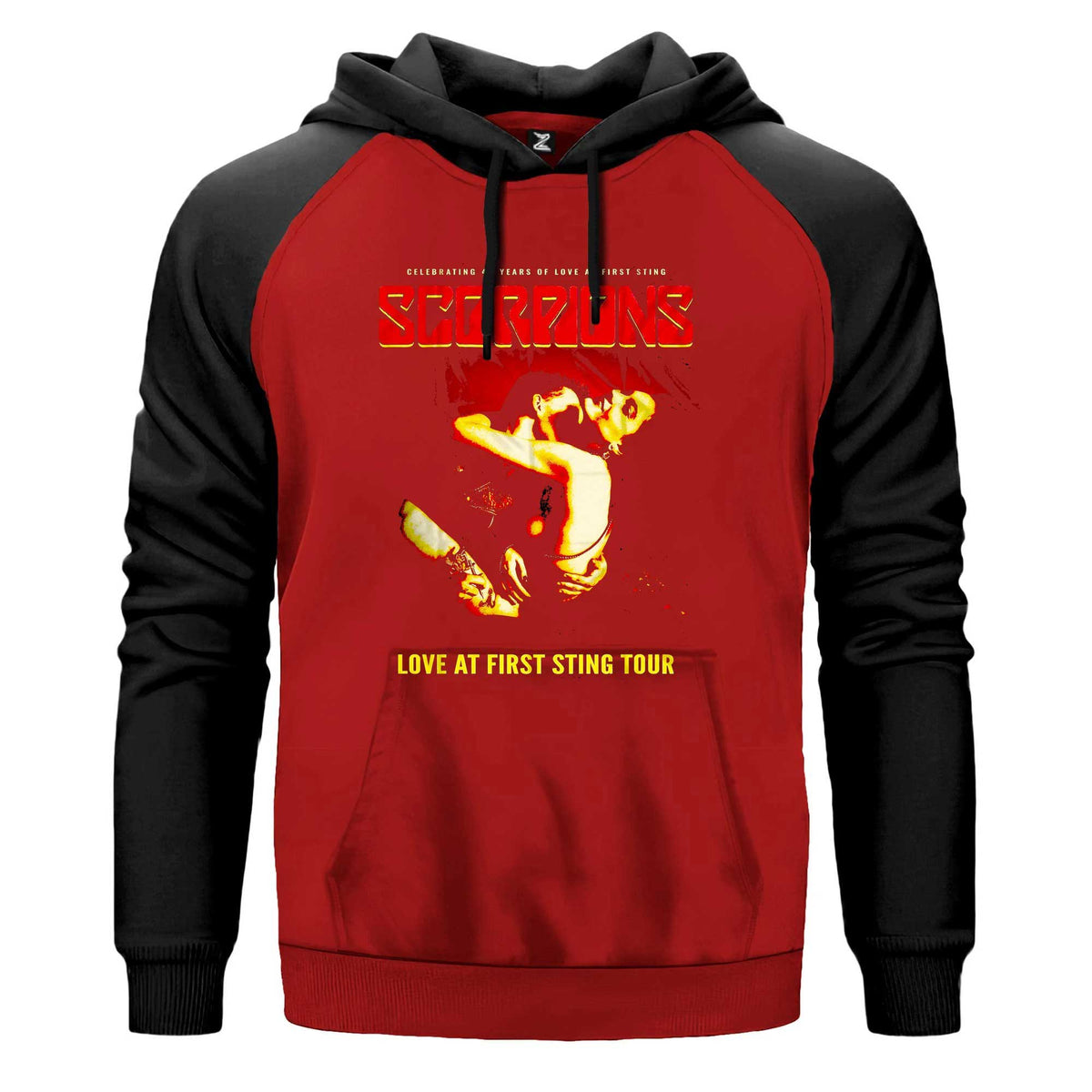 Scorpions Love At First Sting Renkli Reglan Kol Sweatshirt Kapşonlu çift renk reglan kol kapşonlu sweatshirt - kırmızı