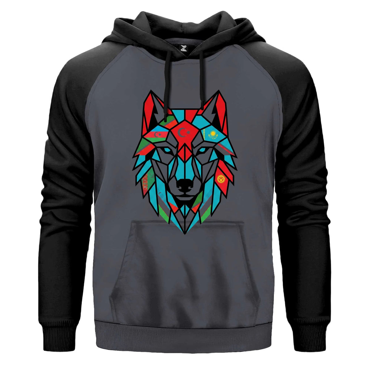 Renkli Geometrik Low Poly Bozkurt Başı Baskılı Renkli Reglan Kol Sweatshirt Kapşonlu