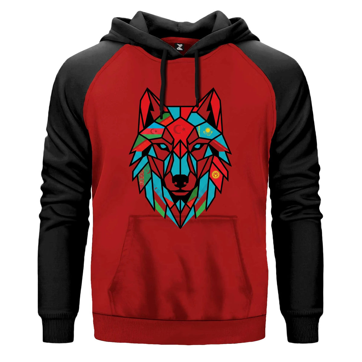 Renkli Geometrik Low Poly Bozkurt Başı Baskılı Renkli Reglan Kol Sweatshirt Kapşonlu