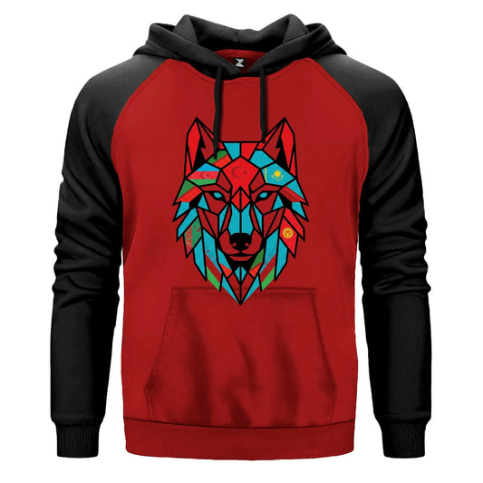 Renkli Geometrik Low Poly Bozkurt Başı Baskılı Renkli Reglan Kol Sweatshirt Kapşonlu