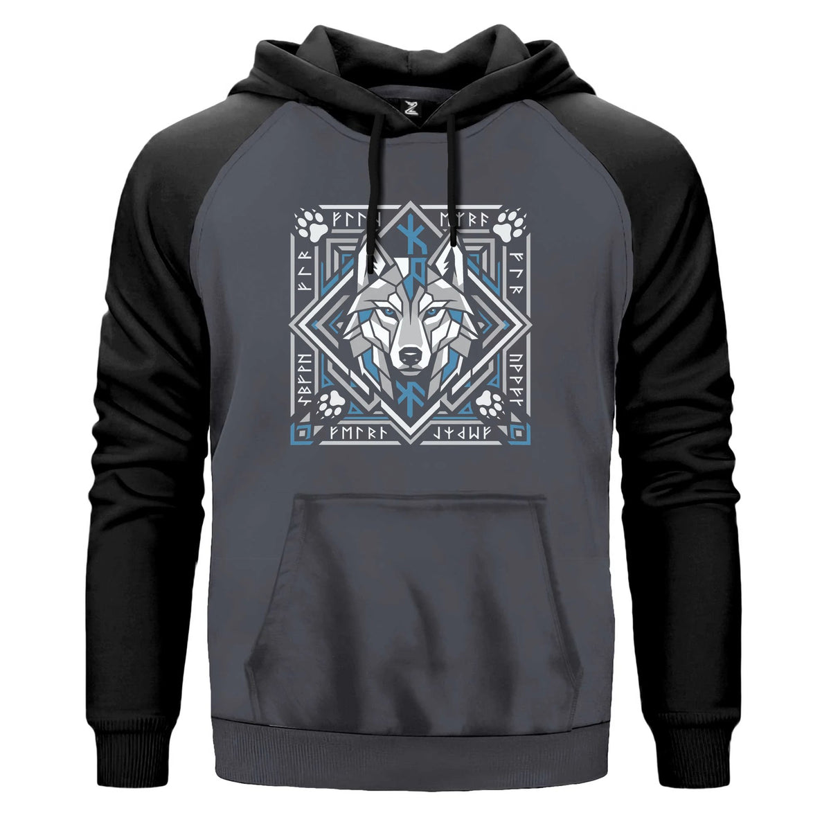Geometrik Çerçeveli Kurt Başı Baskılı Renkli Reglan Kol Sweatshirt Kapşonlu