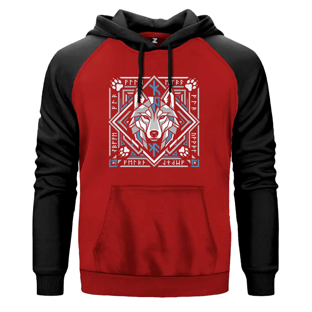 Geometrik Çerçeveli Kurt Başı Baskılı Renkli Reglan Kol Sweatshirt Kapşonlu
