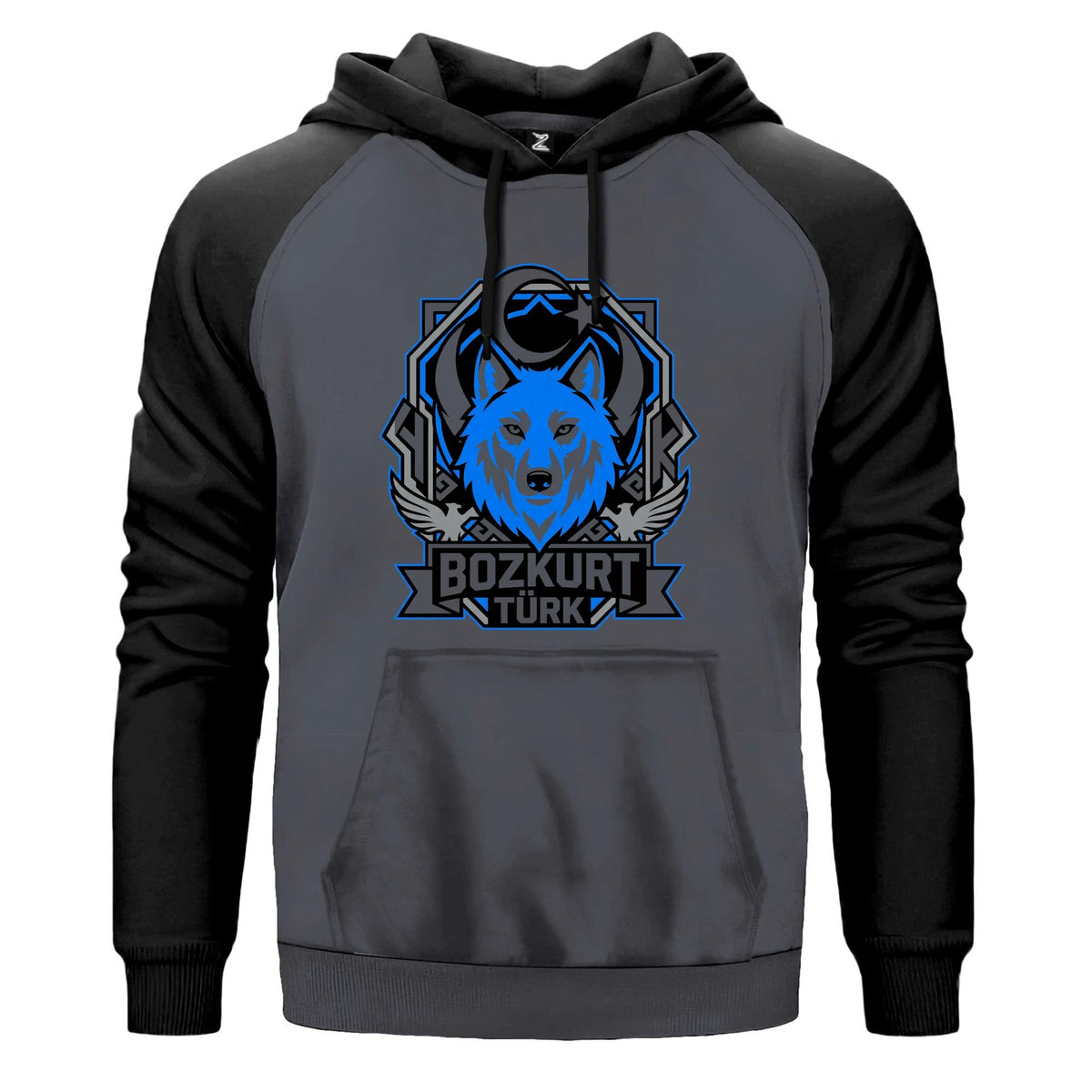 Mavi Ay Yıldız Amblemli Bozkurt Türk Baskılı Renkli Reglan Kol Sweatshirt Kapşonlu