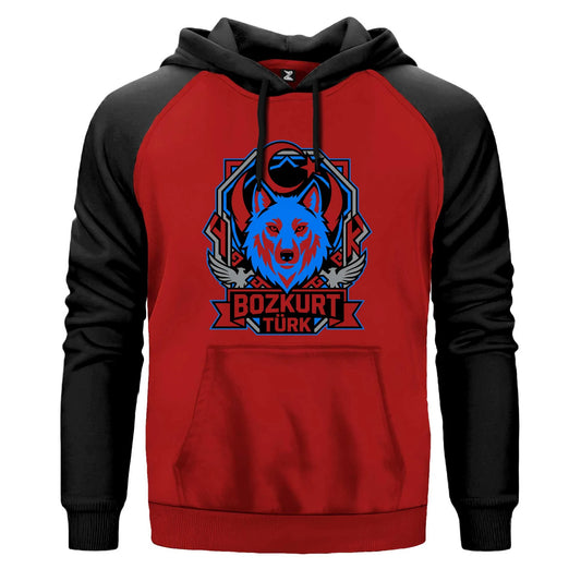 Mavi Ay Yıldız Amblemli Bozkurt Türk Baskılı Renkli Reglan Kol Sweatshirt Kapşonlu