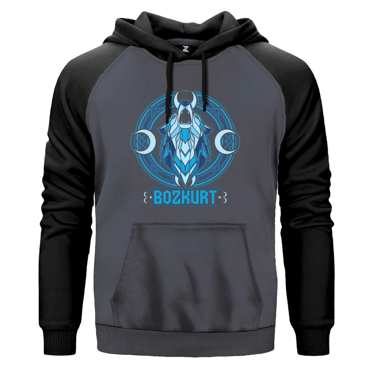 Neon Mavi Hilal Detaylı Bozkurt Baskılı Renkli Reglan Kol Sweatshirt Kapşonlu