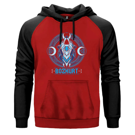 Neon Mavi Hilal Detaylı Bozkurt Baskılı Renkli Reglan Kol Sweatshirt Kapşonlu