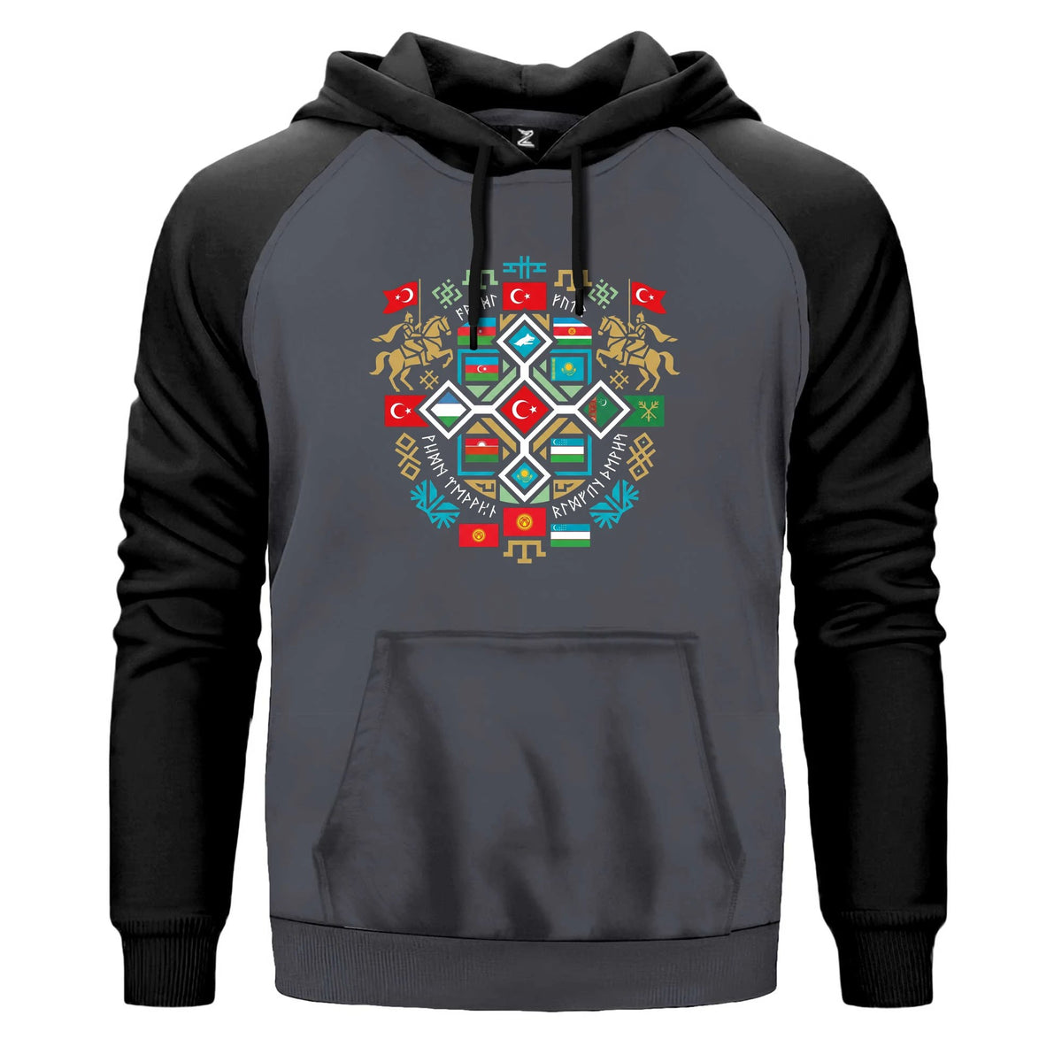 Renkli Mozaik Mandala Türk Motifli Bozkurt Baskılı Renkli Reglan Kol Sweatshirt Kapşonlu