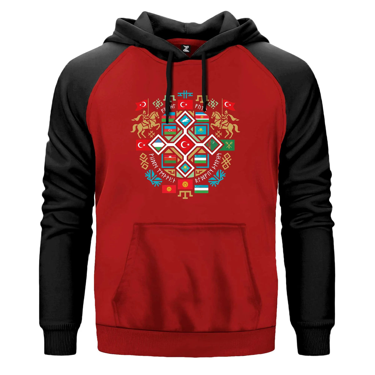 Renkli Mozaik Mandala Türk Motifli Bozkurt Baskılı Renkli Reglan Kol Sweatshirt Kapşonlu
