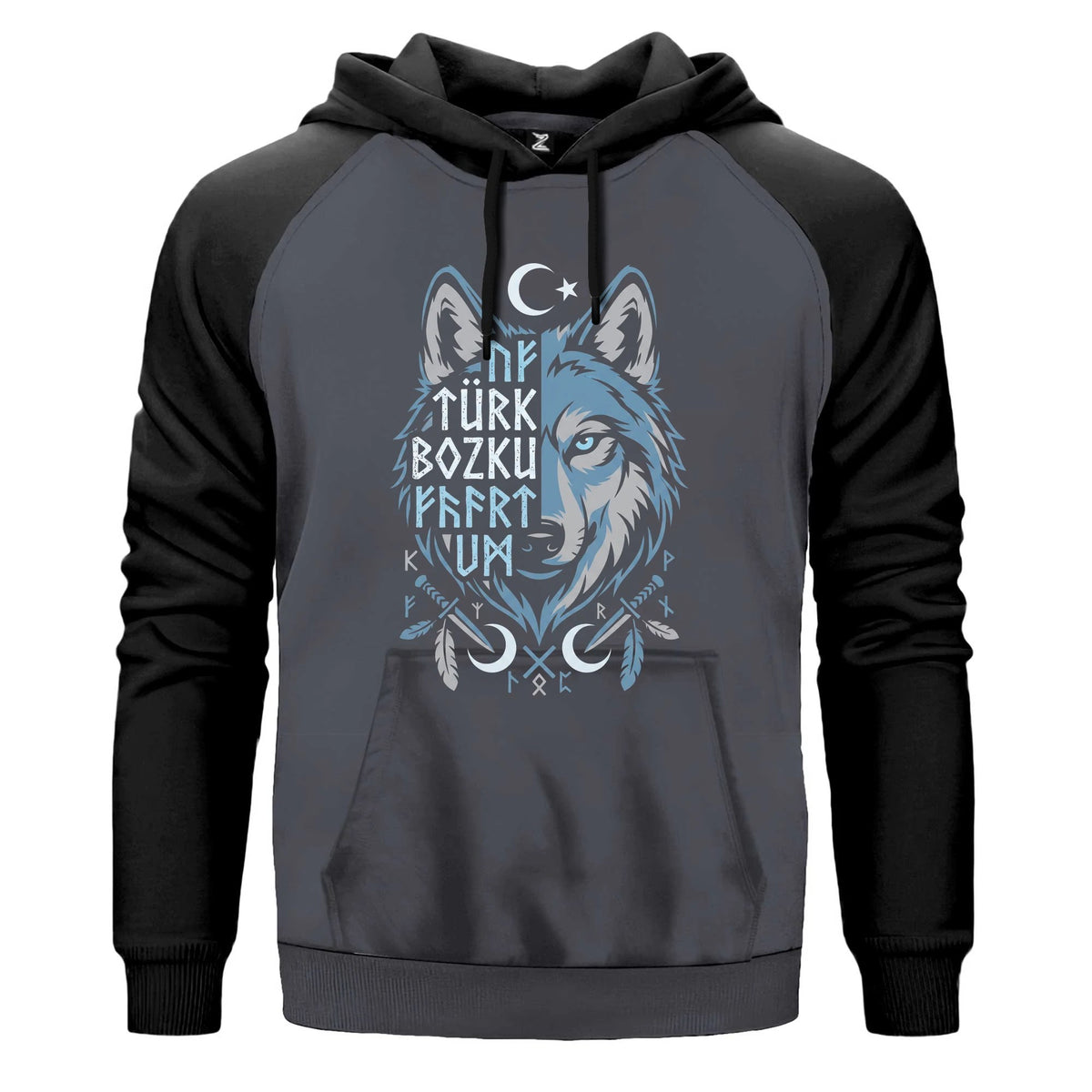 Mavi Ay Yıldızlı Türk Bozkurt Yazılı Baskılı Renkli Reglan Kol Sweatshirt Kapşonlu