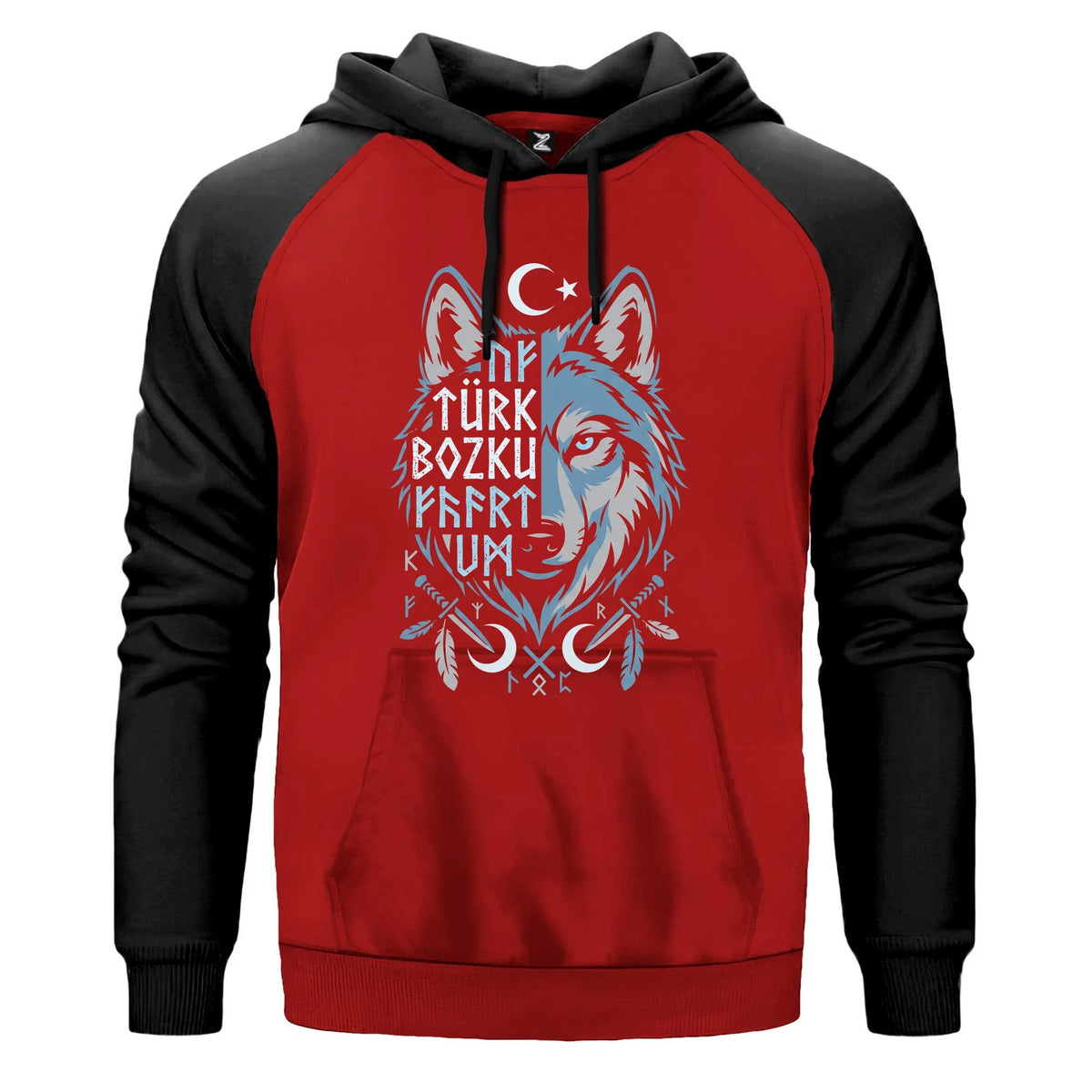 Mavi Ay Yıldızlı Türk Bozkurt Yazılı Baskılı Renkli Reglan Kol Sweatshirt Kapşonlu