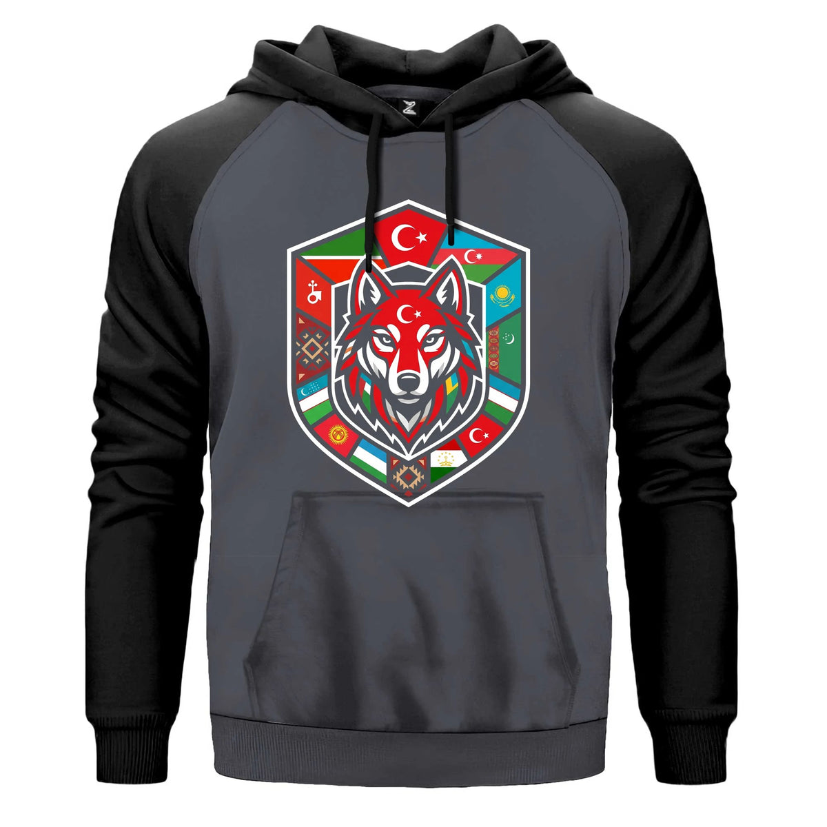 Türk Devletleri Bayraklı Kalkan Bozkurt Baskılı Renkli Reglan Kol Sweatshirt Kapşonlu