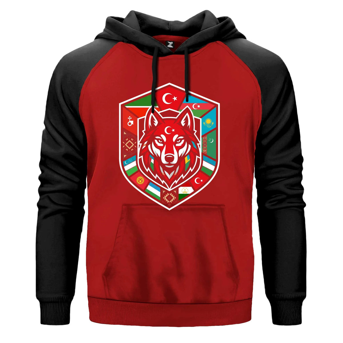 Türk Devletleri Bayraklı Kalkan Bozkurt Baskılı Renkli Reglan Kol Sweatshirt Kapşonlu