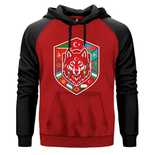 Türk Devletleri Bayraklı Kalkan Bozkurt Baskılı Renkli Reglan Kol Sweatshirt Kapşonlu