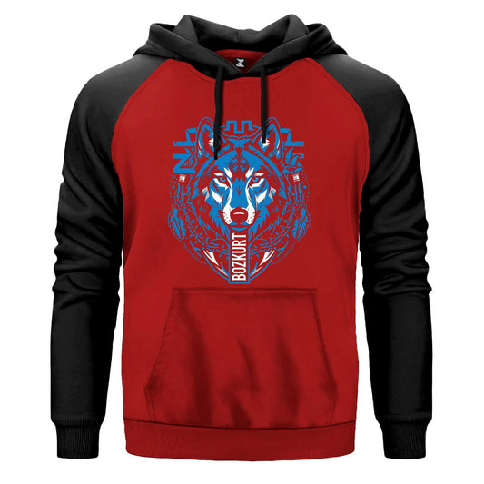 Mavi Soyut Çizgi Kurt Başı Baskılı Renkli Reglan Kol Sweatshirt Kapşonlu