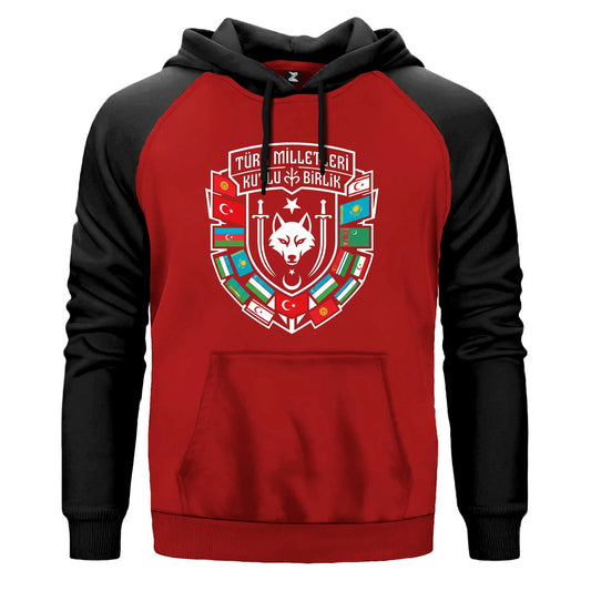 Türk Dünyası Bayrakları Kalkan Amblem Baskılı Renkli Reglan Kol Sweatshirt Kapşonlu