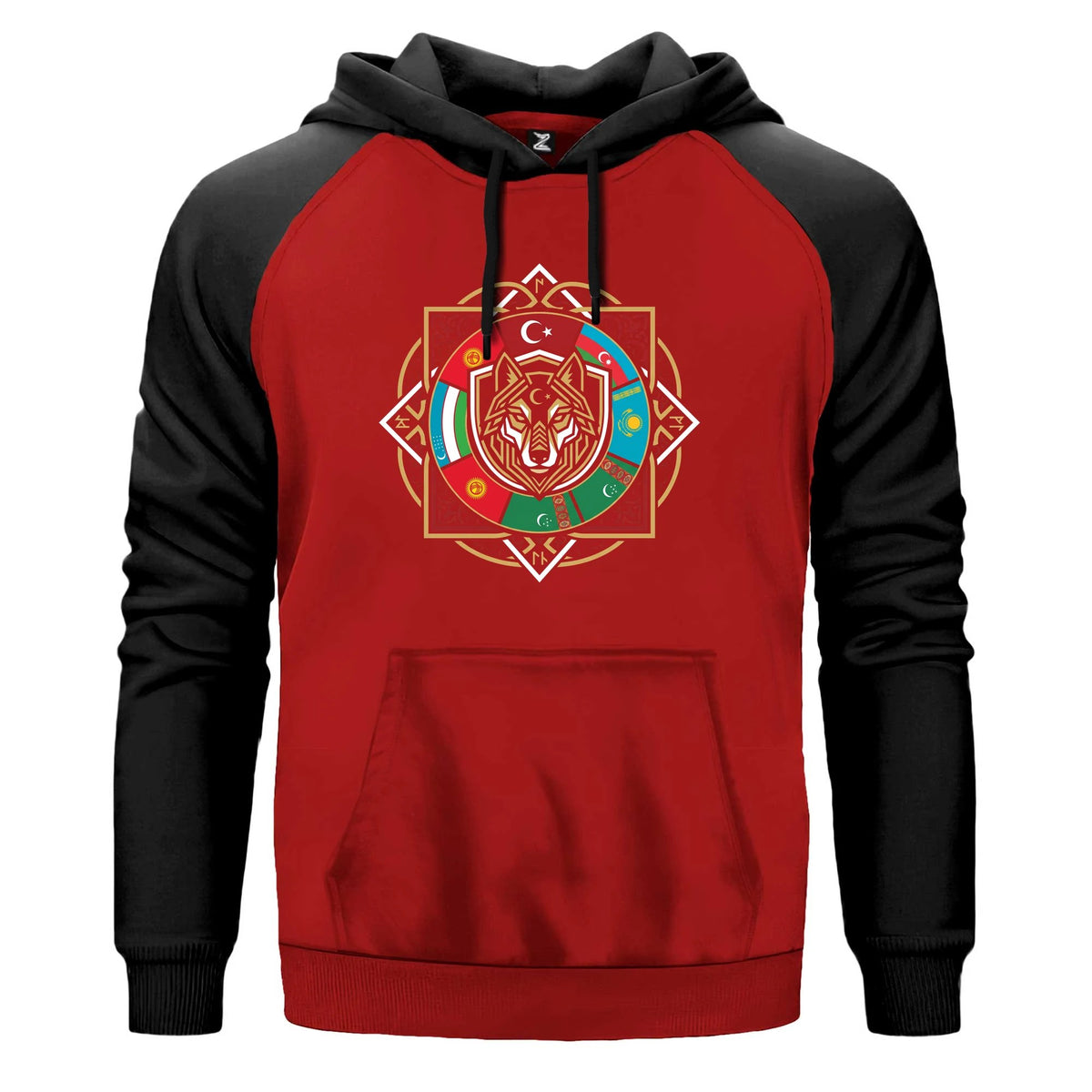 Sekizgen Mandala Bayraklı Bozkurt Baskılı Renkli Reglan Kol Sweatshirt Kapşonlu
