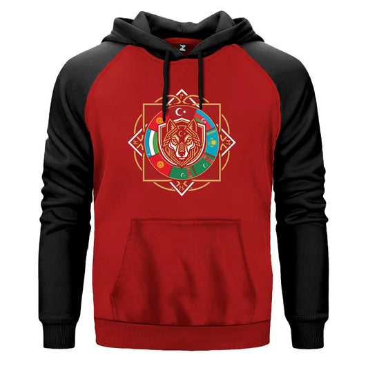 Sekizgen Mandala Bayraklı Bozkurt Baskılı Renkli Reglan Kol Sweatshirt Kapşonlu