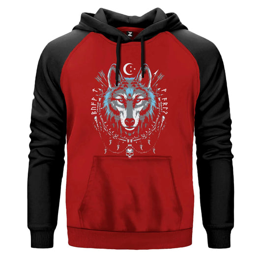 Mavi Mistik Hilal Süslemeli Bozkurt Baskılı Renkli Reglan Kol Sweatshirt Kapşonlu