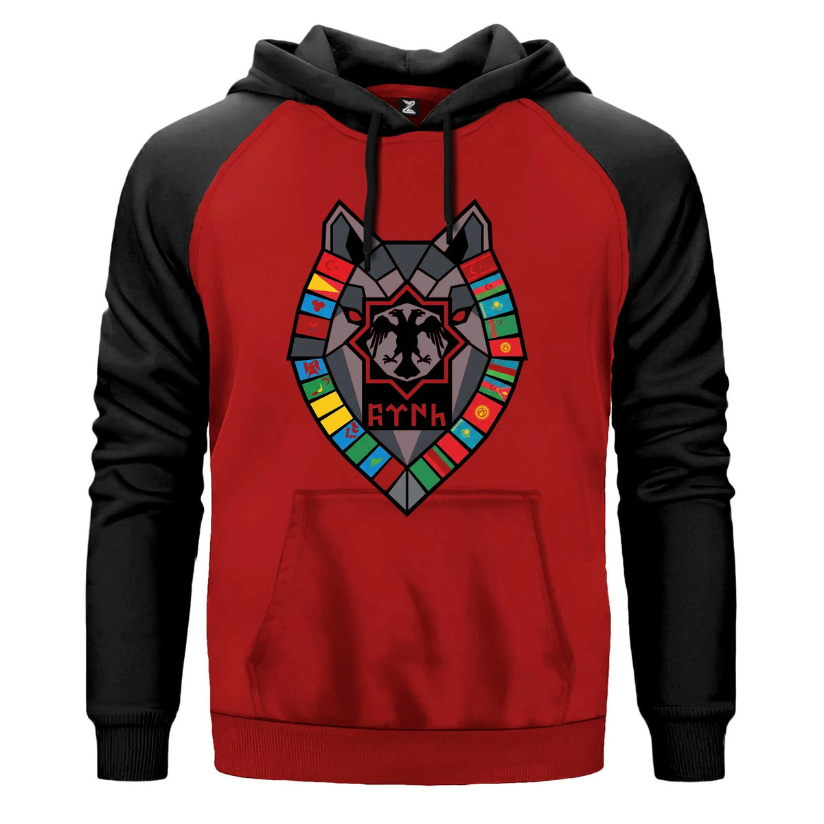 Türk Devletleri Bayrak Çerçeveli Kurt Başı Baskılı Renkli Reglan Kol Sweatshirt Kapşonlu