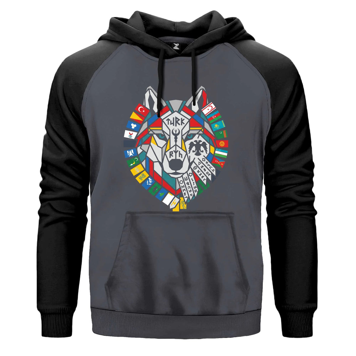 Bayrak Çelenkli Bozkurt Başı Baskılı Renkli Reglan Kol Sweatshirt Kapşonlu