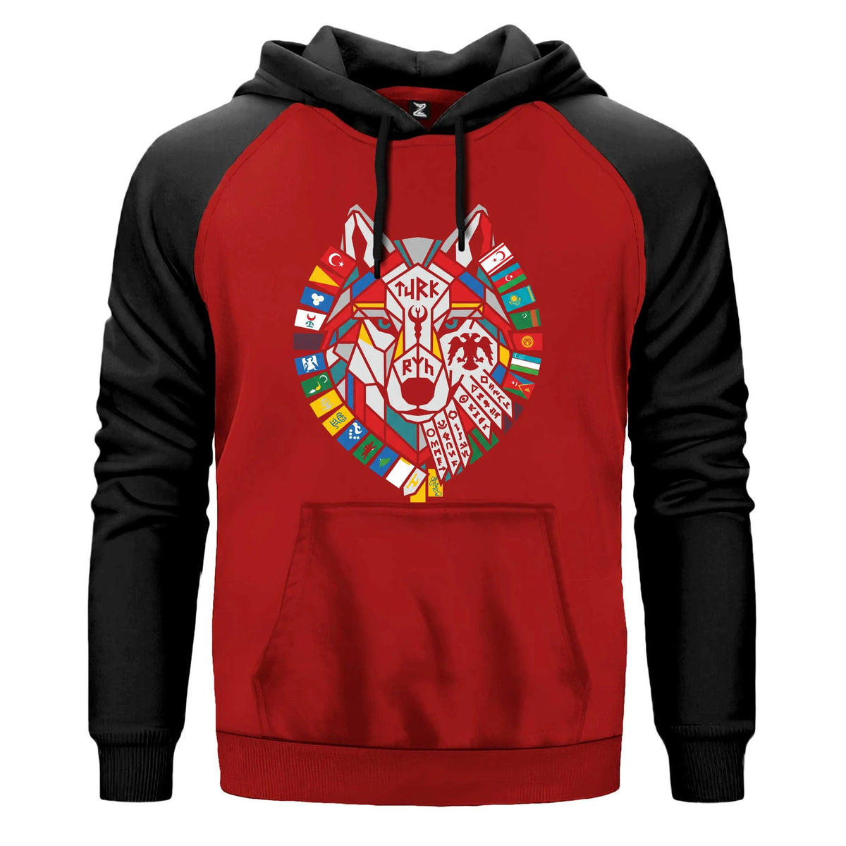 Bayrak Çelenkli Bozkurt Başı Baskılı Renkli Reglan Kol Sweatshirt Kapşonlu