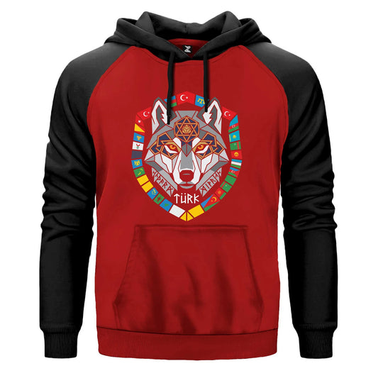 Renkli Bayrak Çerçeveli Gri Kurt Başı Baskılı Renkli Reglan Kol Sweatshirt Kapşonlu