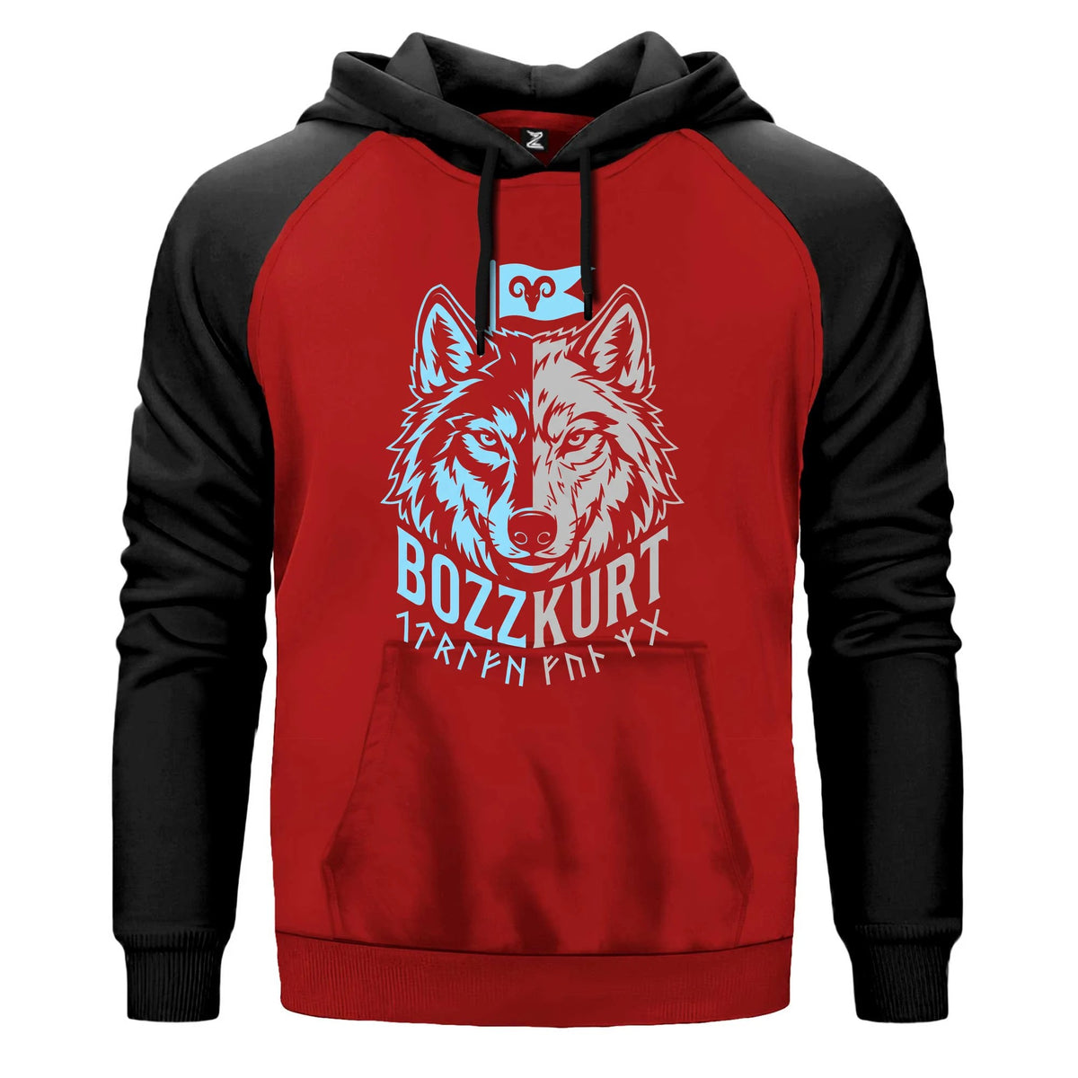 Mavi Beyaz İki Yüzlü Bozkurt Bayraklı Baskılı Renkli Reglan Kol Sweatshirt Kapşonlu