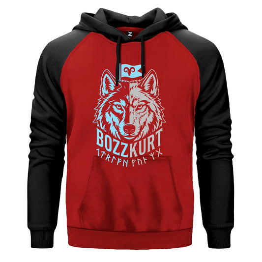 Mavi Beyaz İki Yüzlü Bozkurt Bayraklı Baskılı Renkli Reglan Kol Sweatshirt Kapşonlu