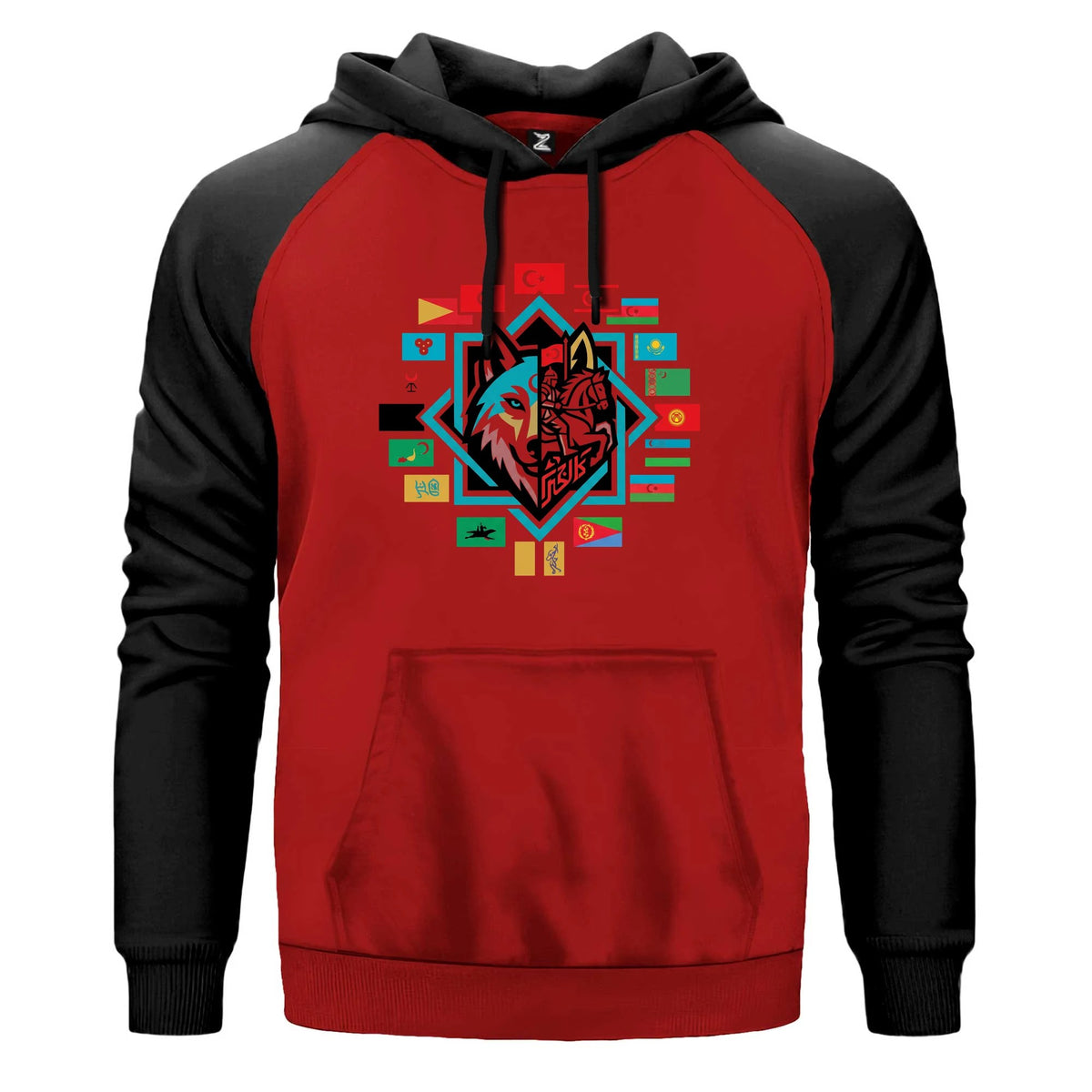 Bayrak Karolu Çerçeveli Bozkurt Baskılı Renkli Reglan Kol Sweatshirt Kapşonlu