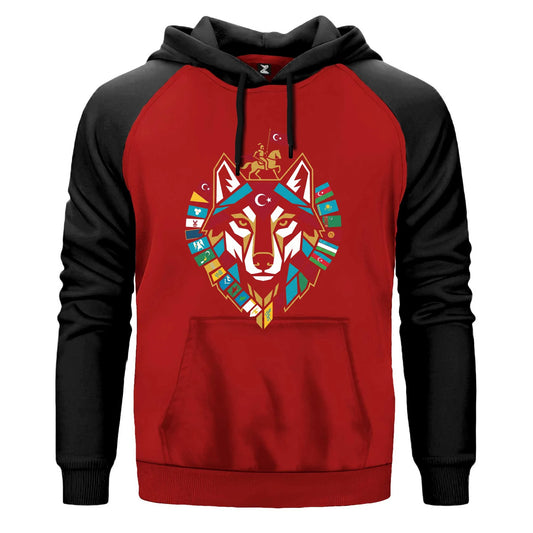 Totem Tarzı Renkli Bozkurt Amblemi Baskılı Renkli Reglan Kol Sweatshirt Kapşonlu