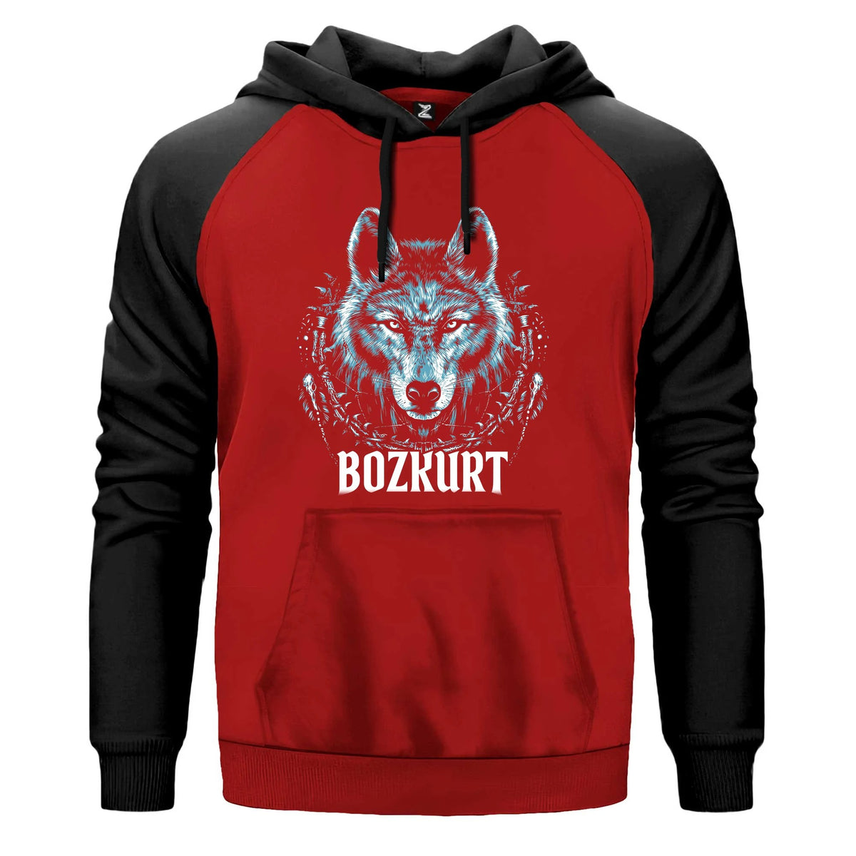 Buz Mavisi Bozkurt Başı Yazılı Baskılı Renkli Reglan Kol Sweatshirt Kapşonlu