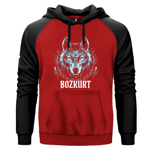 Buz Mavisi Bozkurt Başı Yazılı Baskılı Renkli Reglan Kol Sweatshirt Kapşonlu