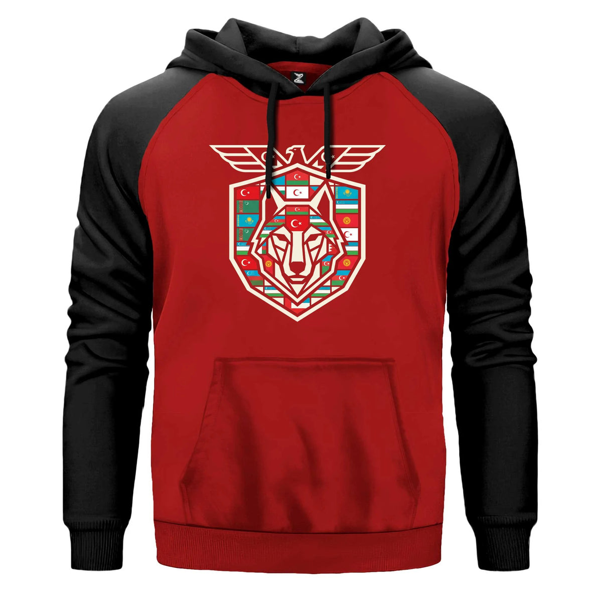 Kanatlı Arma Bayraklı Kalkan Bozkurt Baskılı Renkli Reglan Kol Sweatshirt Kapşonlu