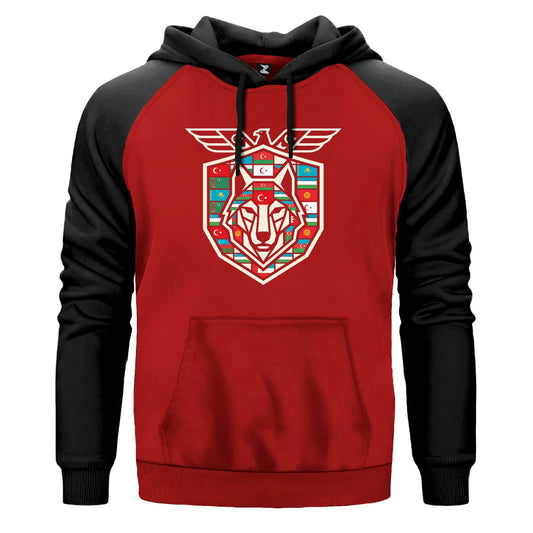 Kanatlı Arma Bayraklı Kalkan Bozkurt Baskılı Renkli Reglan Kol Sweatshirt Kapşonlu